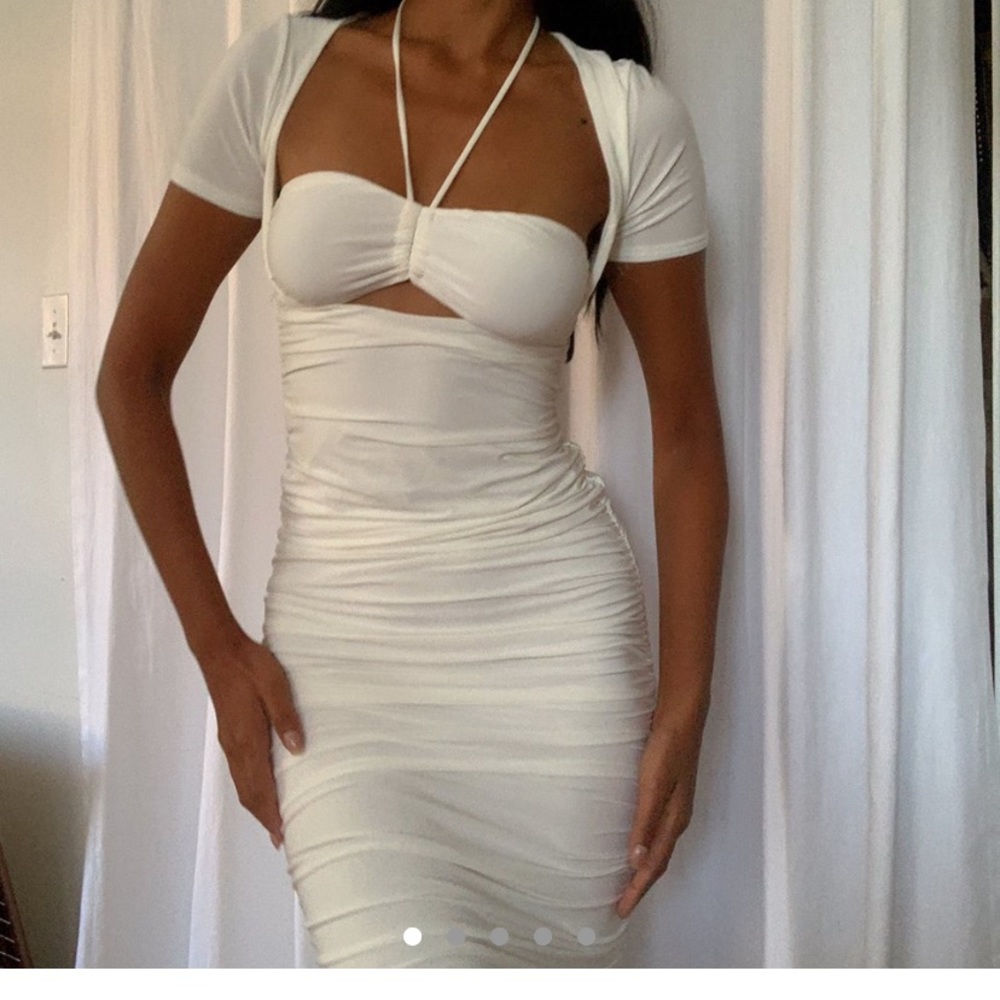 White rushed body con dress